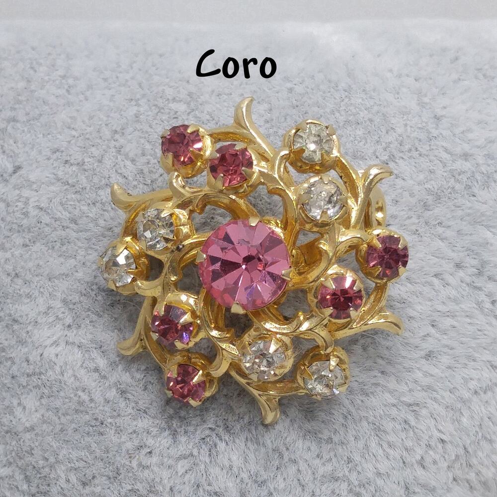 Coro Pink Rhinestone Brooch, Gold Plated Scatter Pin, 1940s Vintage Jewelry